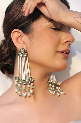 Mriga green kundan pearl earrings