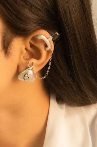 German silver telephone earcuff earrings with oxidized silver finish