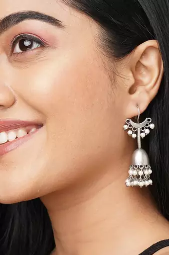 Silver-plated crescent hook drop earrings