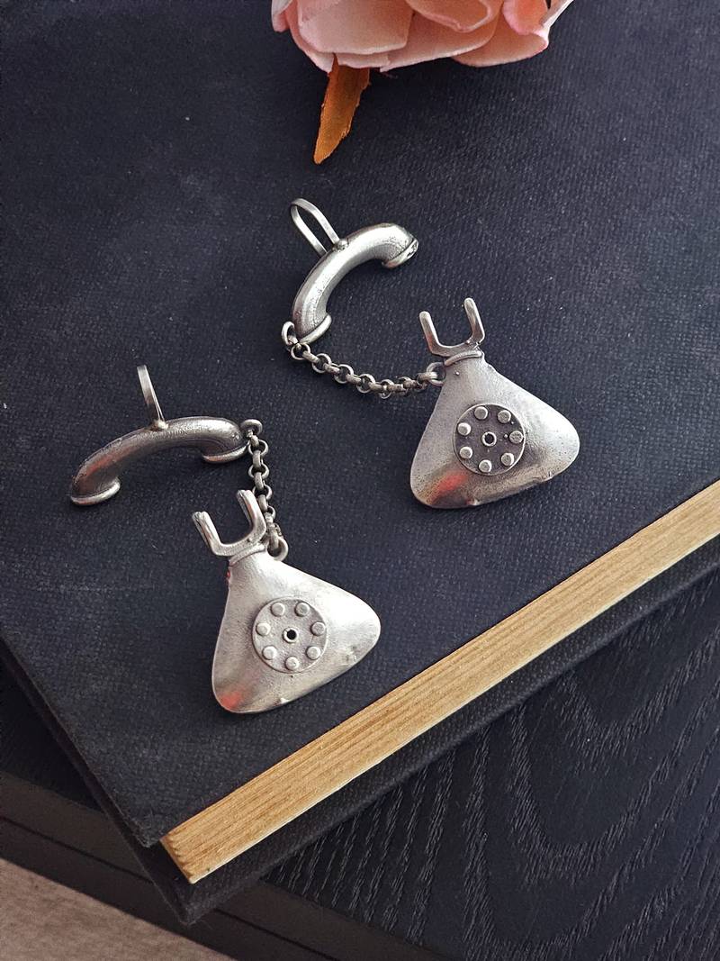 German silver telephone earcuff earrings with oxidized silver finish