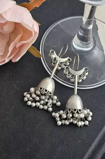 Silver-plated crescent hook drop earrings