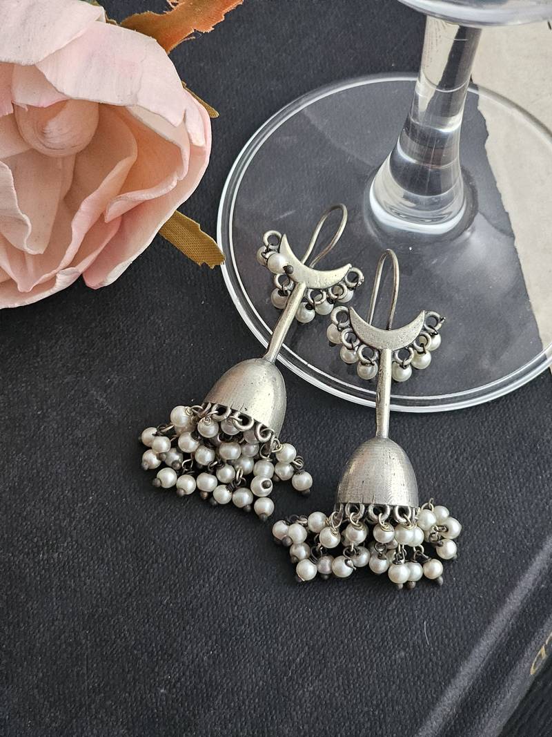 Silver-plated crescent hook drop earrings