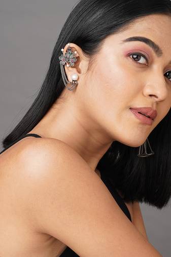 Silver toned oxidised layered ear cuffs