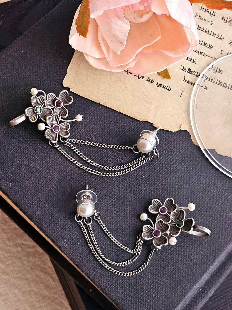 Silver toned oxidised layered ear cuffs