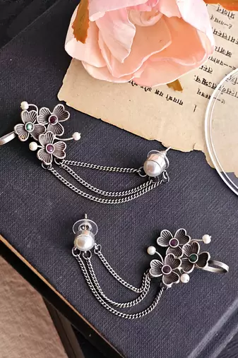 Silver toned oxidised layered ear cuffs