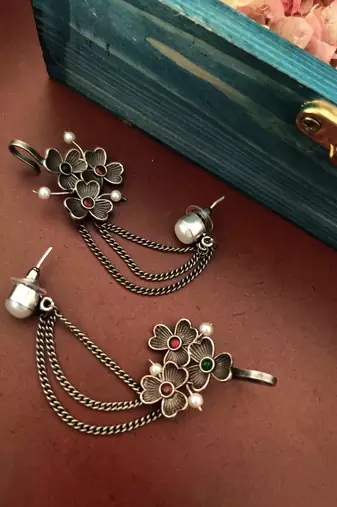 Silver toned oxidised layered ear cuffs