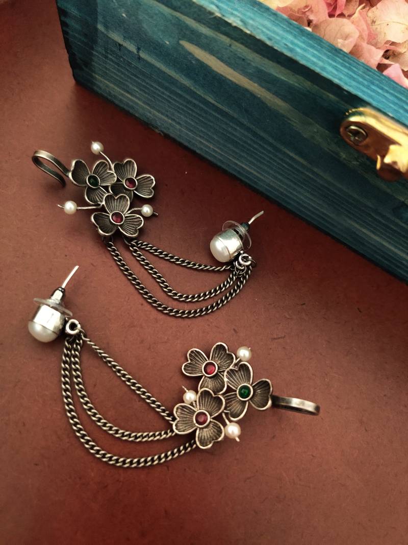 Silver toned oxidised layered ear cuffs
