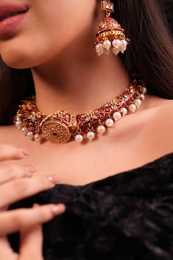 Meenakari pearl red choker set