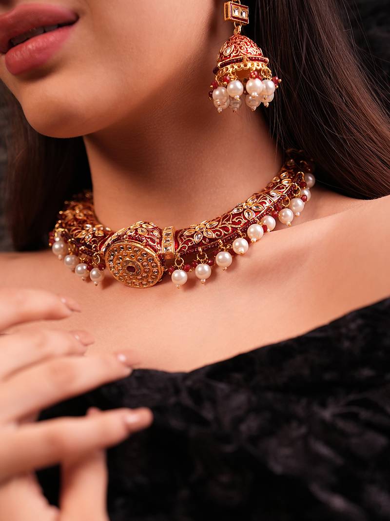 Meenakari pearl red choker set