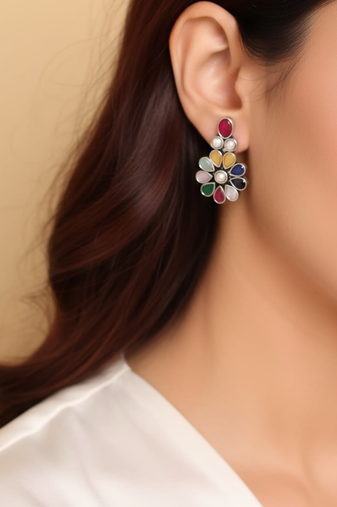 German silver antique multi color flower stud