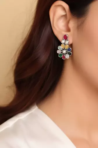 German silver antique multi color flower stud