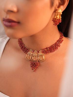 Golden laxmi rani wine beaded necklace set 1