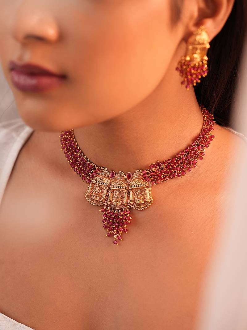 Golden laxmi rani wine beaded necklace set