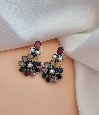 German silver antique multi color flower stud 2
