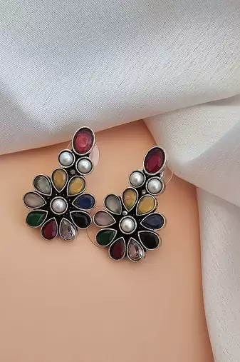 German silver antique multi color flower stud