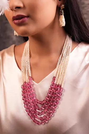 Dawn multi-strand long beaded necklace with pink glass stones