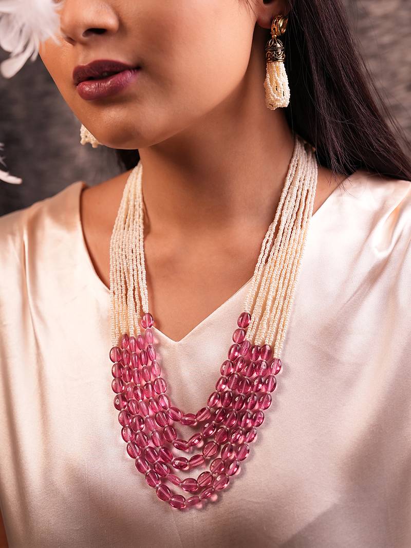 Dawn multi-strand long beaded necklace with pink glass stones