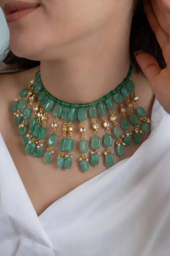 Gold plated long jade necklace