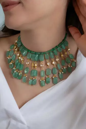 Gold plated long jade necklace