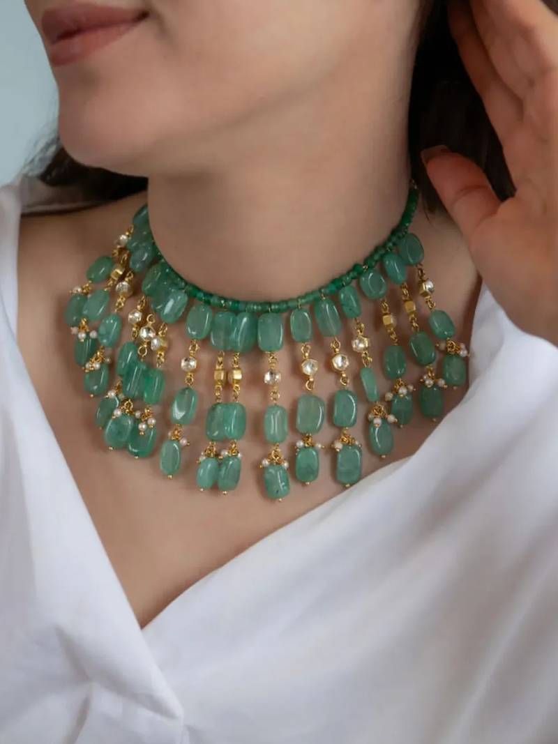 Gold plated long jade necklace