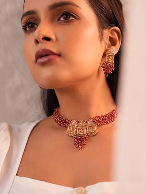 Golden laxmi rani wine beaded necklace set 2