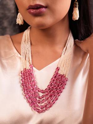 Dawn multi-strand long beaded necklace with pink glass stones 3