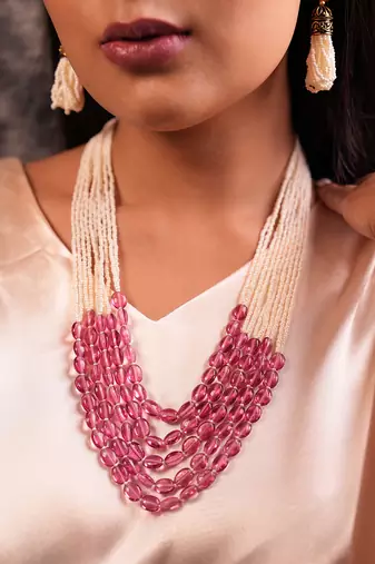 Dawn multi-strand long beaded necklace with pink glass stones