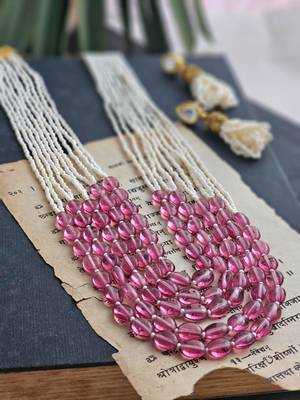Dawn multi-strand long beaded necklace with pink glass stones 4