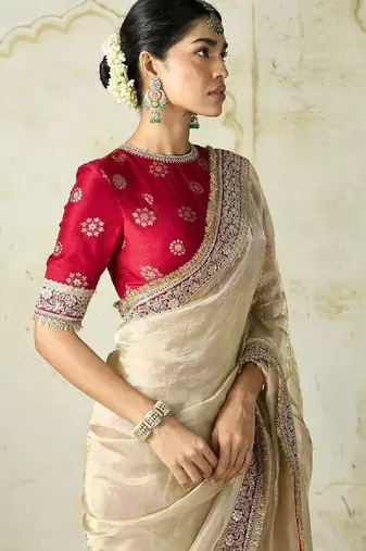 Cream Color Sequance and Dori Embroidery work Soft Twil net  Saree