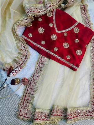 Cream Color Sequance and Dori Embroidery work Soft Twil net  Saree 4