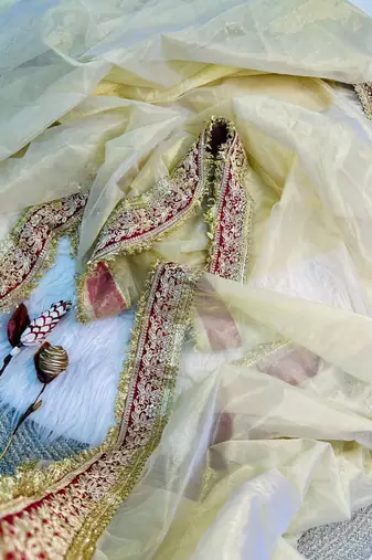 Cream Color Sequance and Dori Embroidery work Soft Twil net  Saree