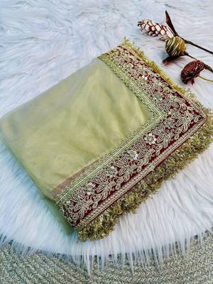 Cream Color Sequance and Dori Embroidery work Soft Twil net  Saree 1