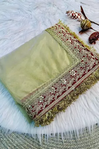 Cream Color Sequance and Dori Embroidery work Soft Twil net  Saree
