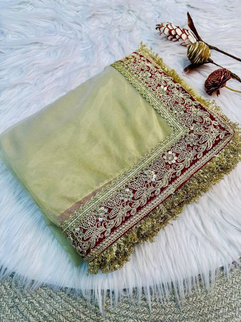 Cream Color Sequance and Dori Embroidery work Soft Twil net  Saree
