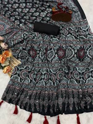 Black Color Ajarakh Print Real Mirror Work Crepe Silk Saree 1