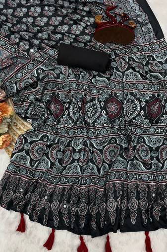 Black Color Ajarakh Print Real Mirror Work Crepe Silk Saree