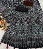 Black Color Ajarakh Print Real Mirror Work Crepe Silk Saree