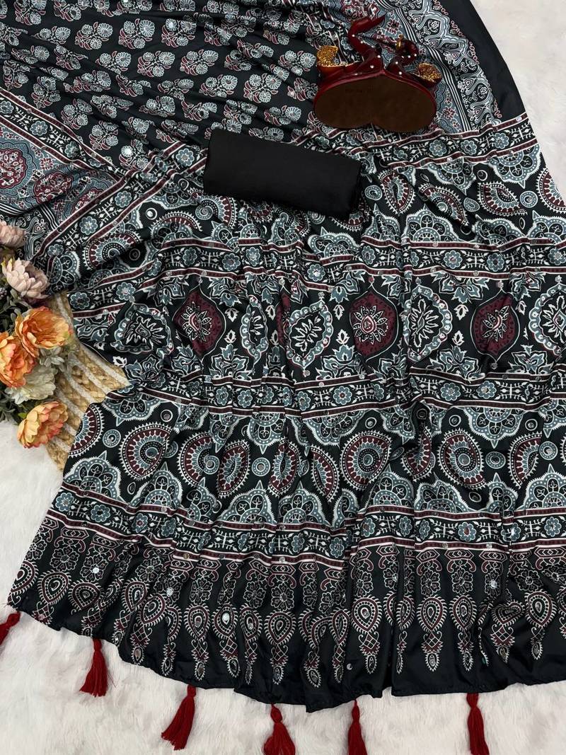 Black Color Ajarakh Print Real Mirror Work Crepe Silk Saree