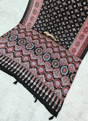 Black Ajarakh Print Real Mirror Crepe Silk Saree 1