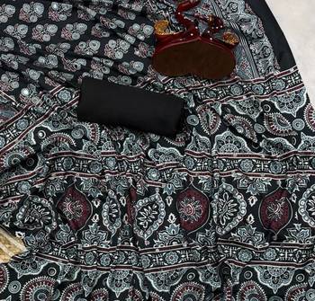 Black Color Ajarakh Print Real Mirror Work Crepe Silk Saree 2