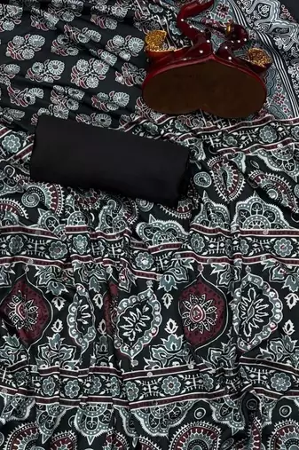Black Color Ajarakh Print Real Mirror Work Crepe Silk Saree