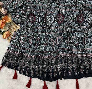 Black Color Ajarakh Print Real Mirror Work Crepe Silk Saree 3