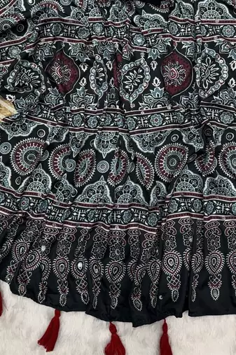 Black Color Ajarakh Print Real Mirror Work Crepe Silk Saree