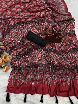 Maroon Color Ajarakh Print Real Mirror Work Crepe Silk Saree 1