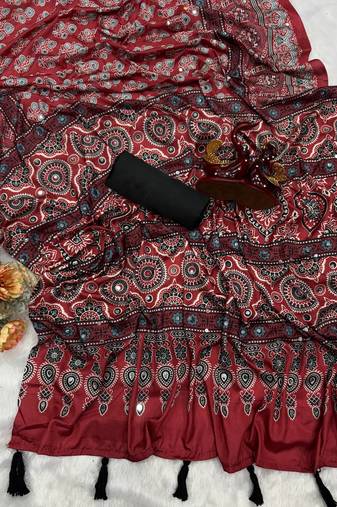 Maroon Color Ajarakh Print Real Mirror Work Crepe Silk Saree