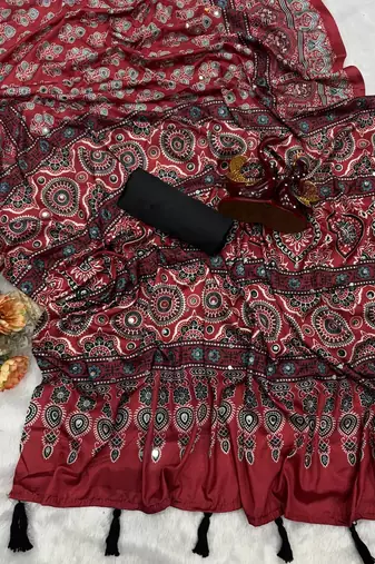 Maroon Color Ajarakh Print Real Mirror Work Crepe Silk Saree