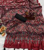 Maroon Color Ajarakh Print Real Mirror Work Crepe Silk Saree