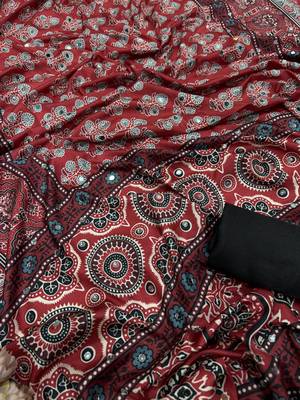 Maroon Color Ajarakh Print Real Mirror Work Crepe Silk Saree 2
