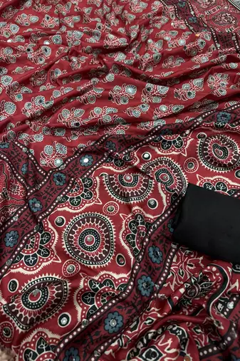Maroon Color Ajarakh Print Real Mirror Work Crepe Silk Saree