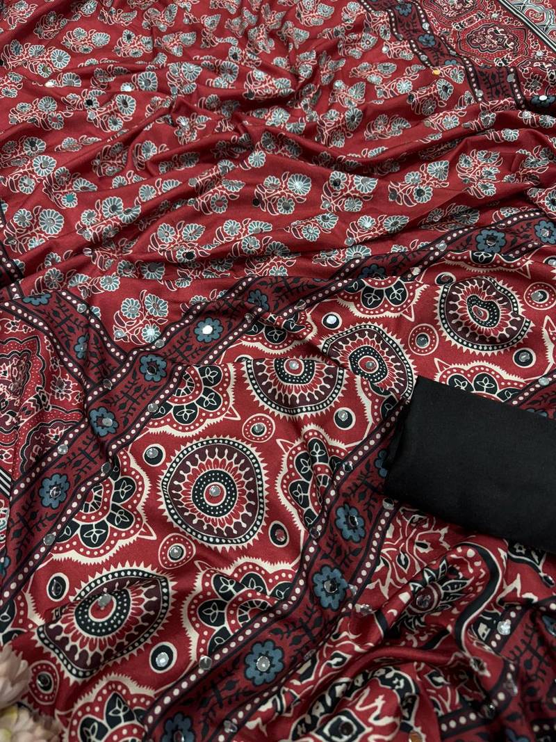 Maroon Color Ajarakh Print Real Mirror Work Crepe Silk Saree
